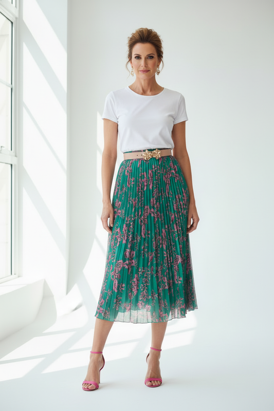 Falda verde paisley con camiseta blanca