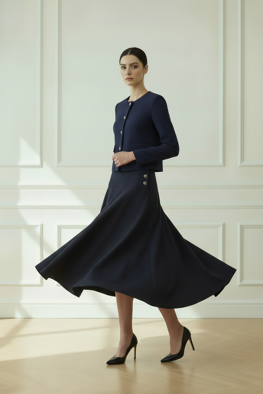 Falda midi azul marino con vuelo y botones joya