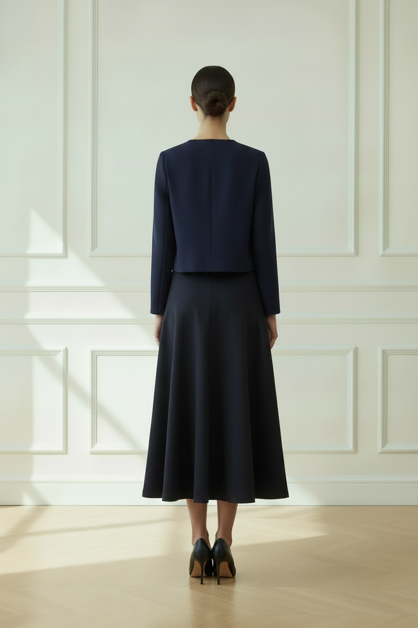 Falda midi azul marino con vuelo y botones joya