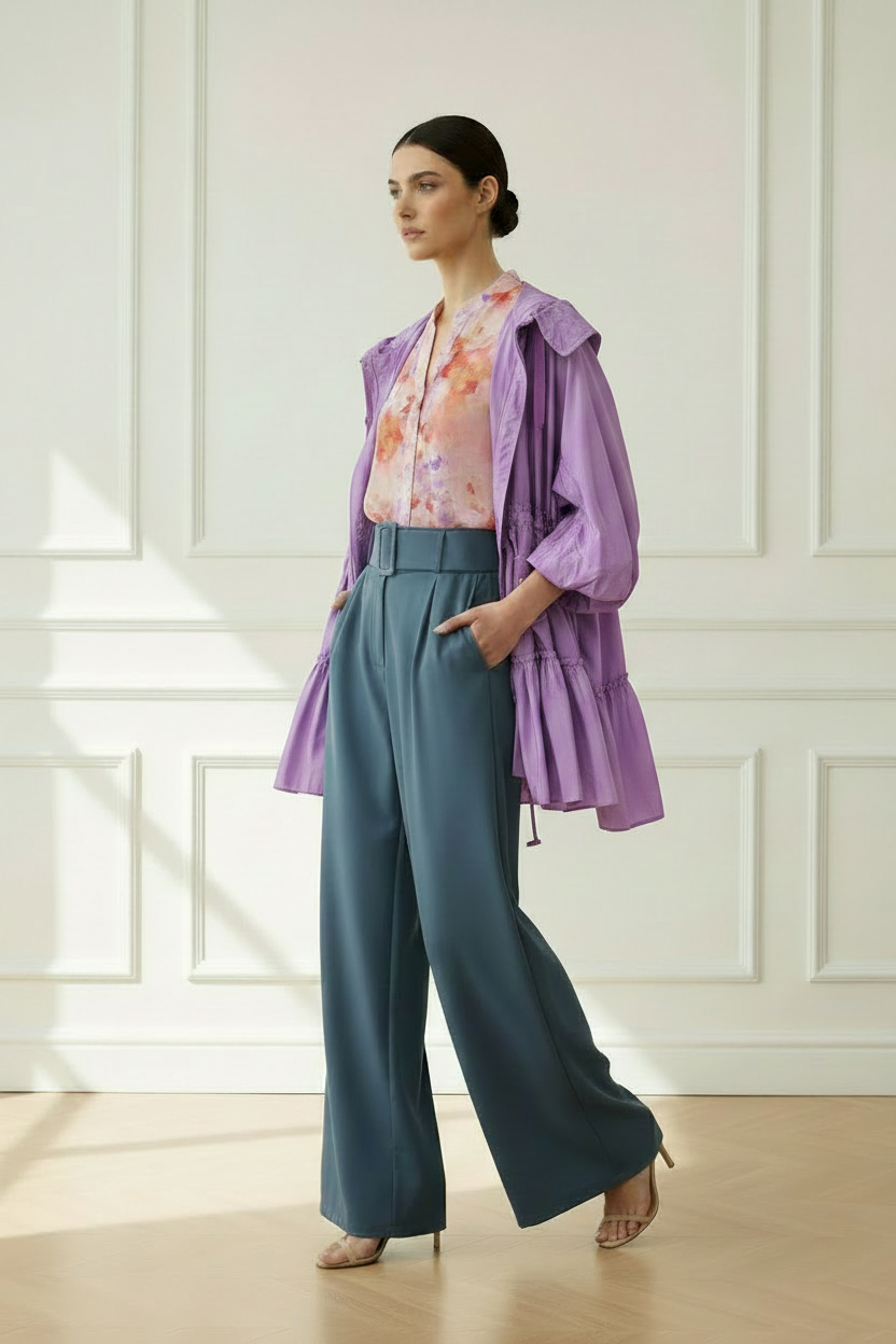 Frontal - conjunto completo con gabardina lila abierta
