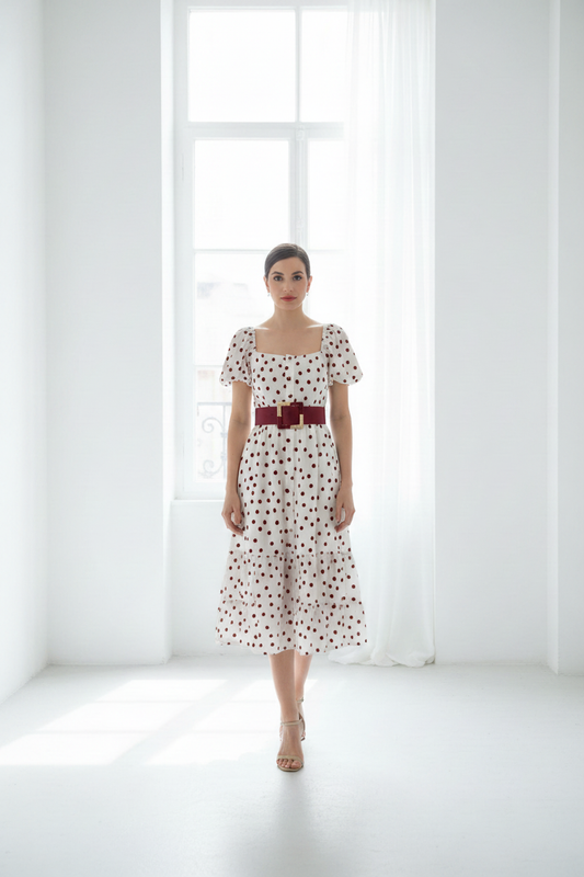 Frontal - lunares rojos cinturón beige