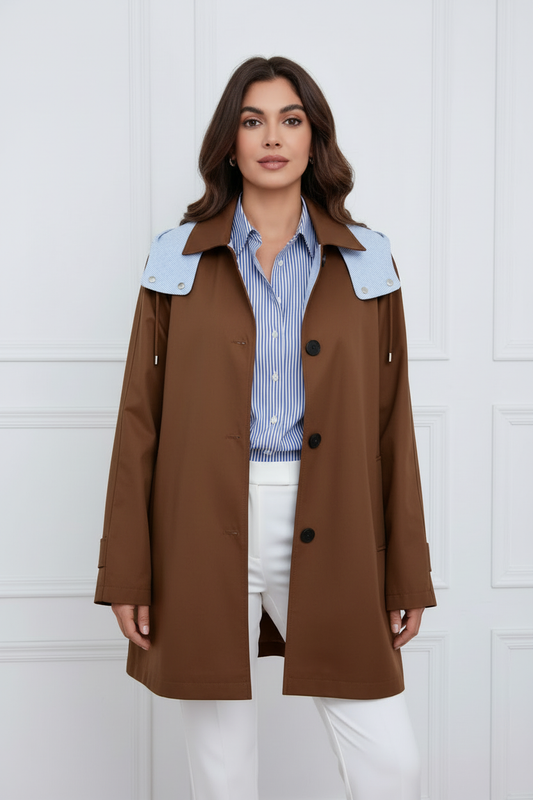 Gabardina marrón con camisa de rayas