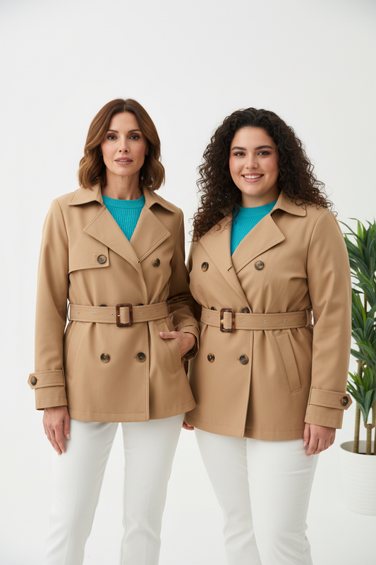 Gabardina corta camel vista frontal con modelos