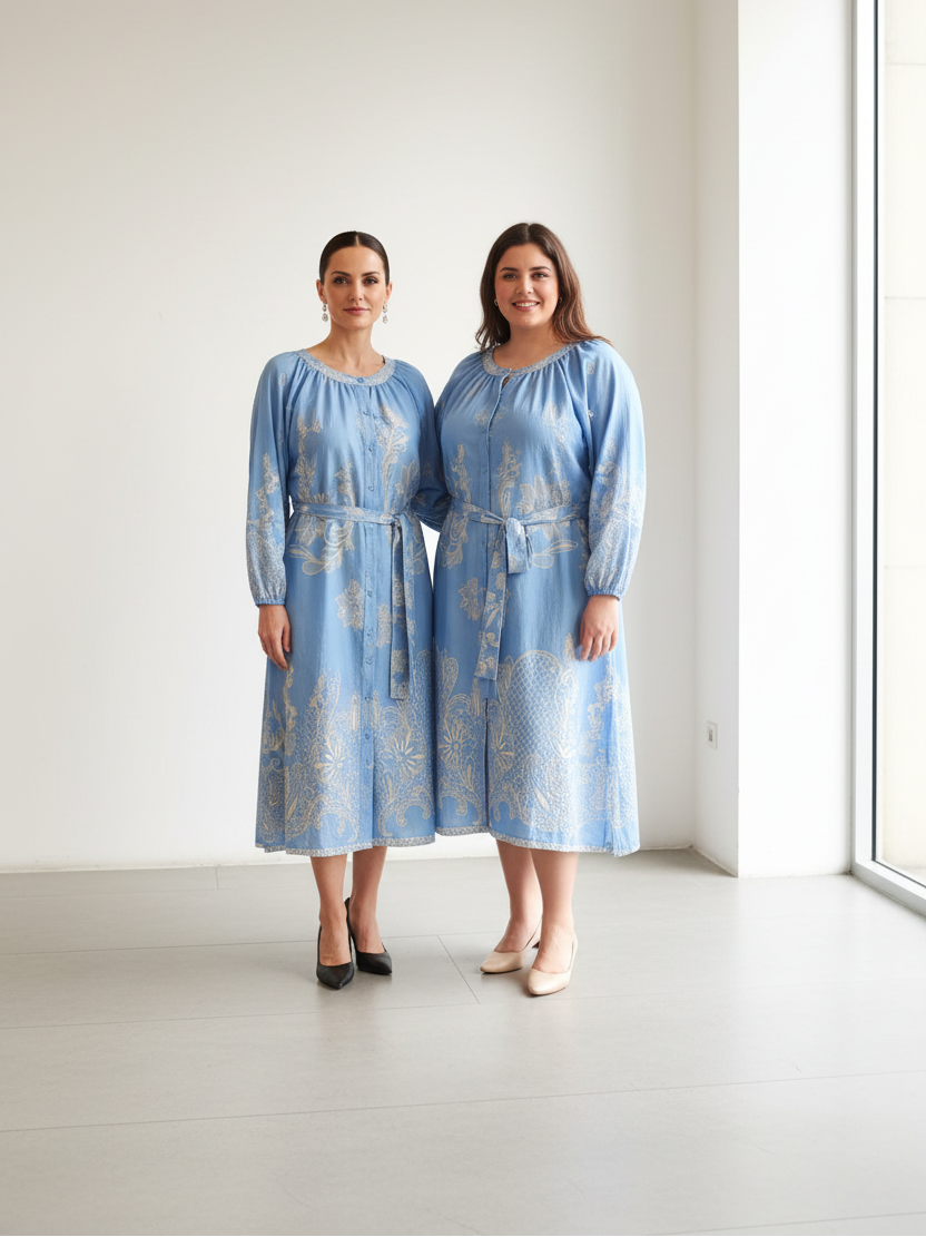 Vestido kaftán azul con estampado beige MUESTRARIOS