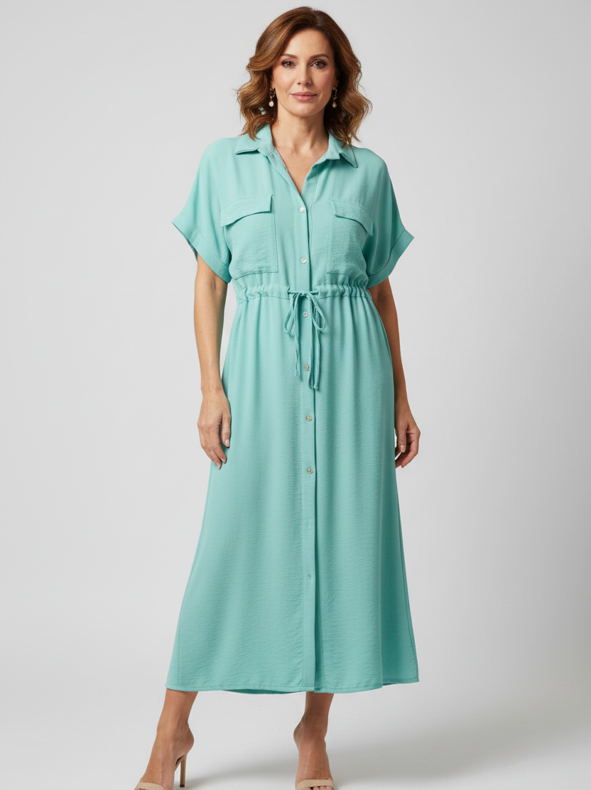 Vestido camisero verde menta cinturón talla única mujer muestrarios moda mediana edad vista frontal