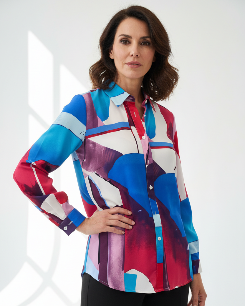 Modelo delgada de mediana edad luciendo camisa satinada multicolor