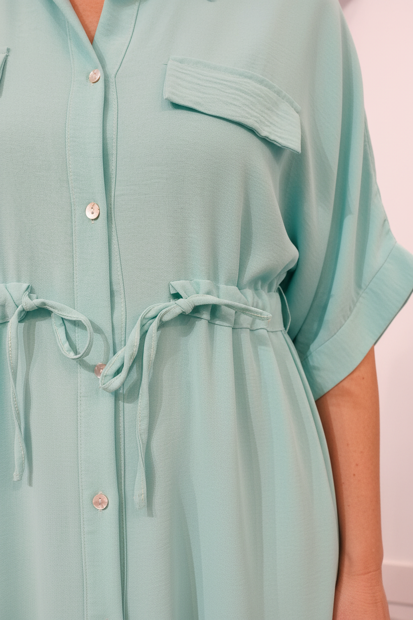 Vestido camisero azul turquesa detalle cinturón botones madreperla manga corta mujer muestrarios