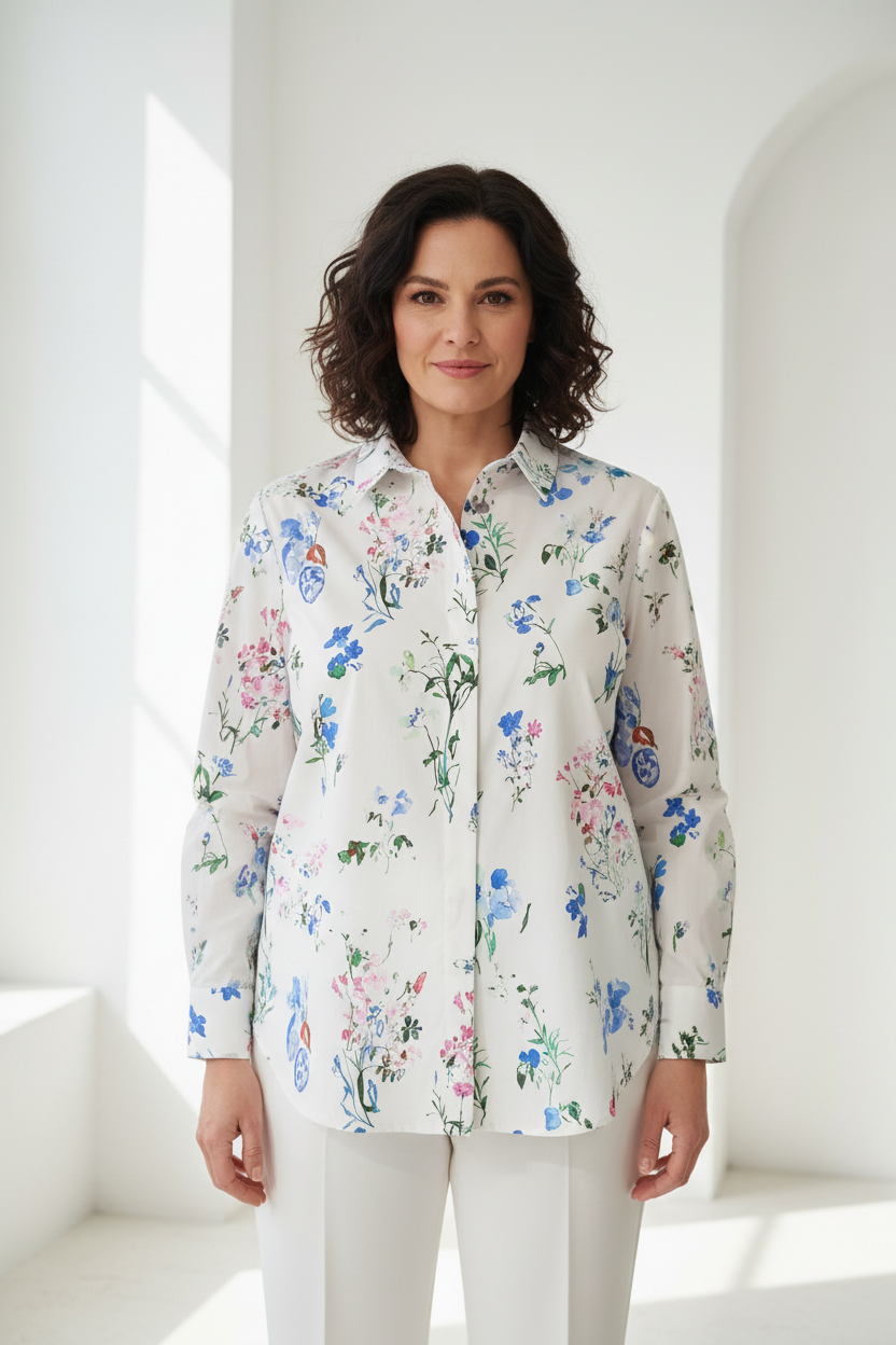 Camisa popelín acuarelas floral talla grande XXL - Modelo española