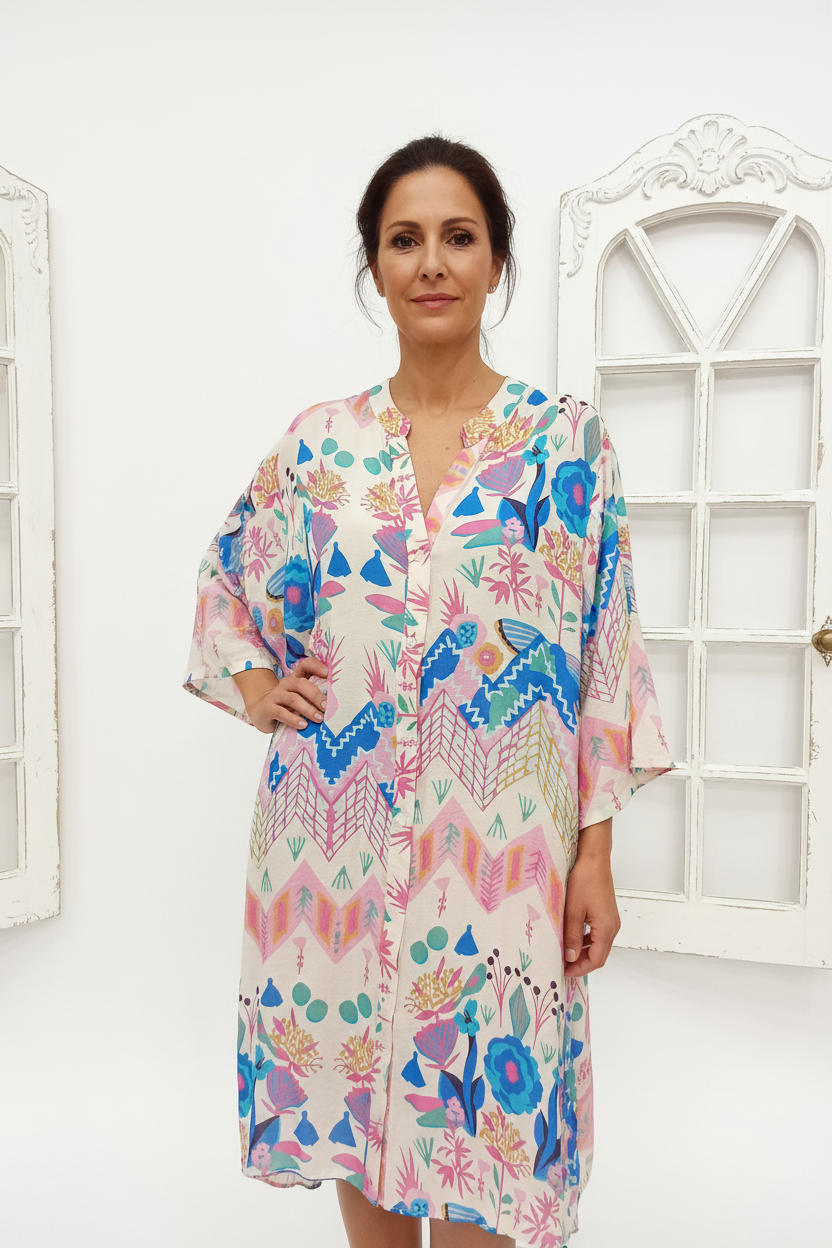 Vestido caftán estampado floral MUESTRARIOS moda mujer talla grande plus moda mujer mediana edad