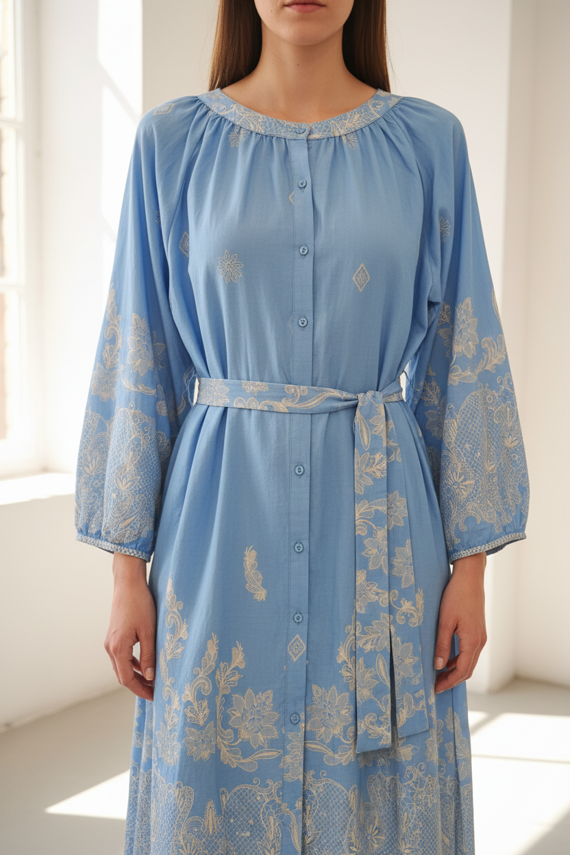 Vestido kaftán azul con estampado beige MUESTRARIOS