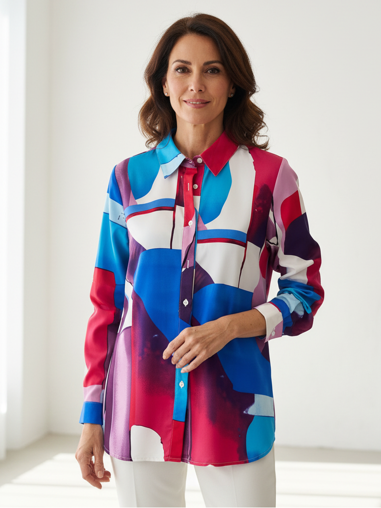 Modelo delgada de mediana edad luciendo camisa satinada multicolor