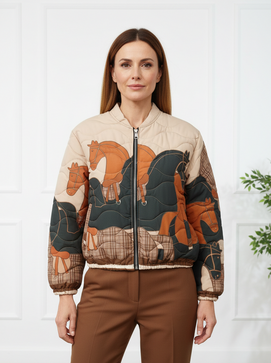 Chaqueta bomber acolchada estampado caballo beige y naranja muestrarios de moda