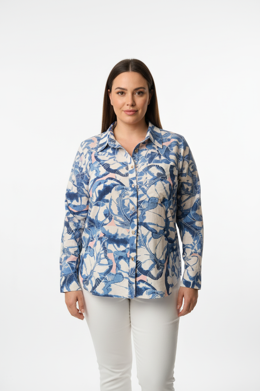 Camisa de manga larga con hojas en azul y rosa