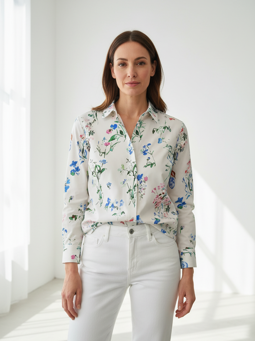 Camisa popelín algodón acuarelas floral mujer - Vista frontal completa