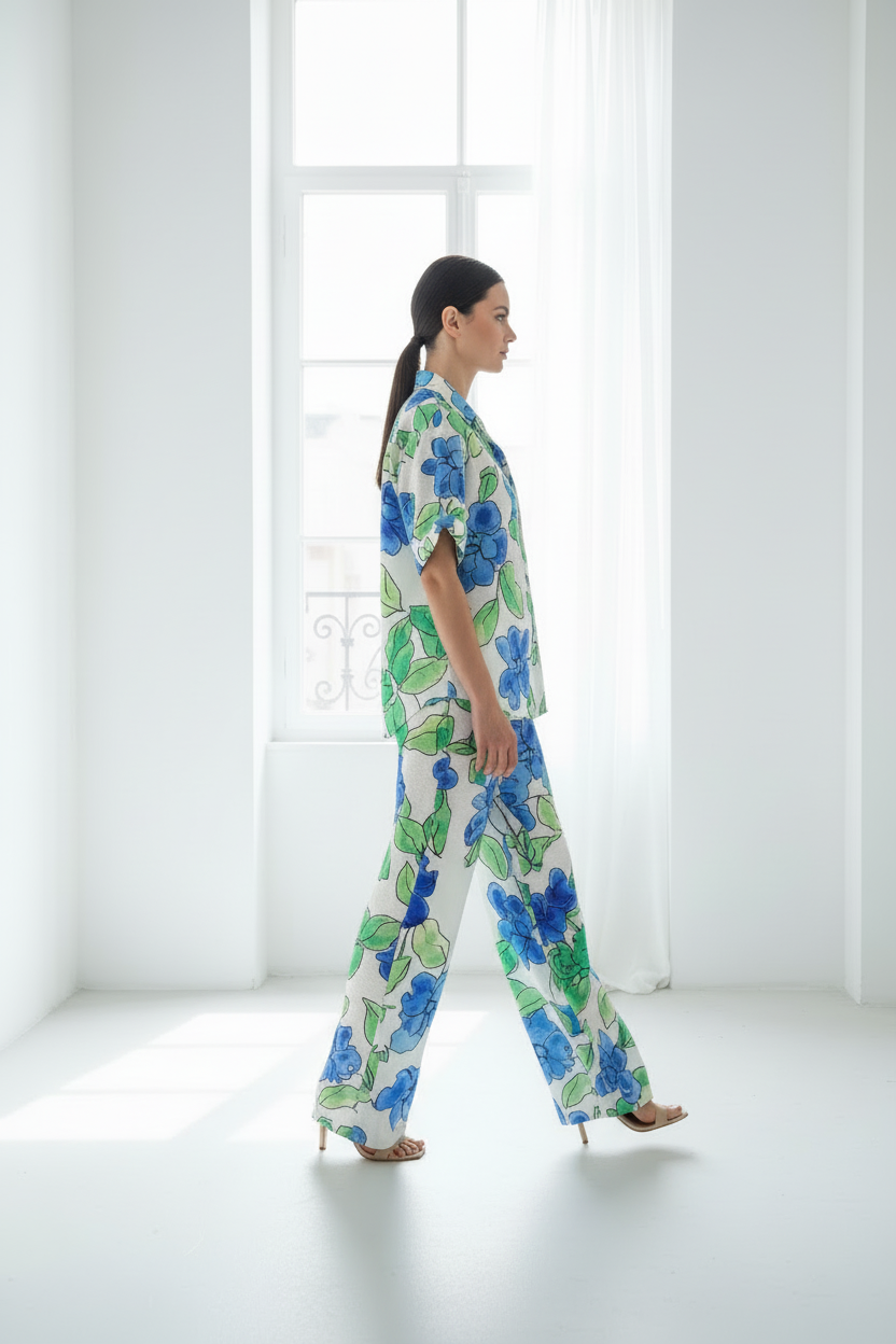 Camisa floral azul y verde manga corta - con pantalón blanco recto | Muestrarios