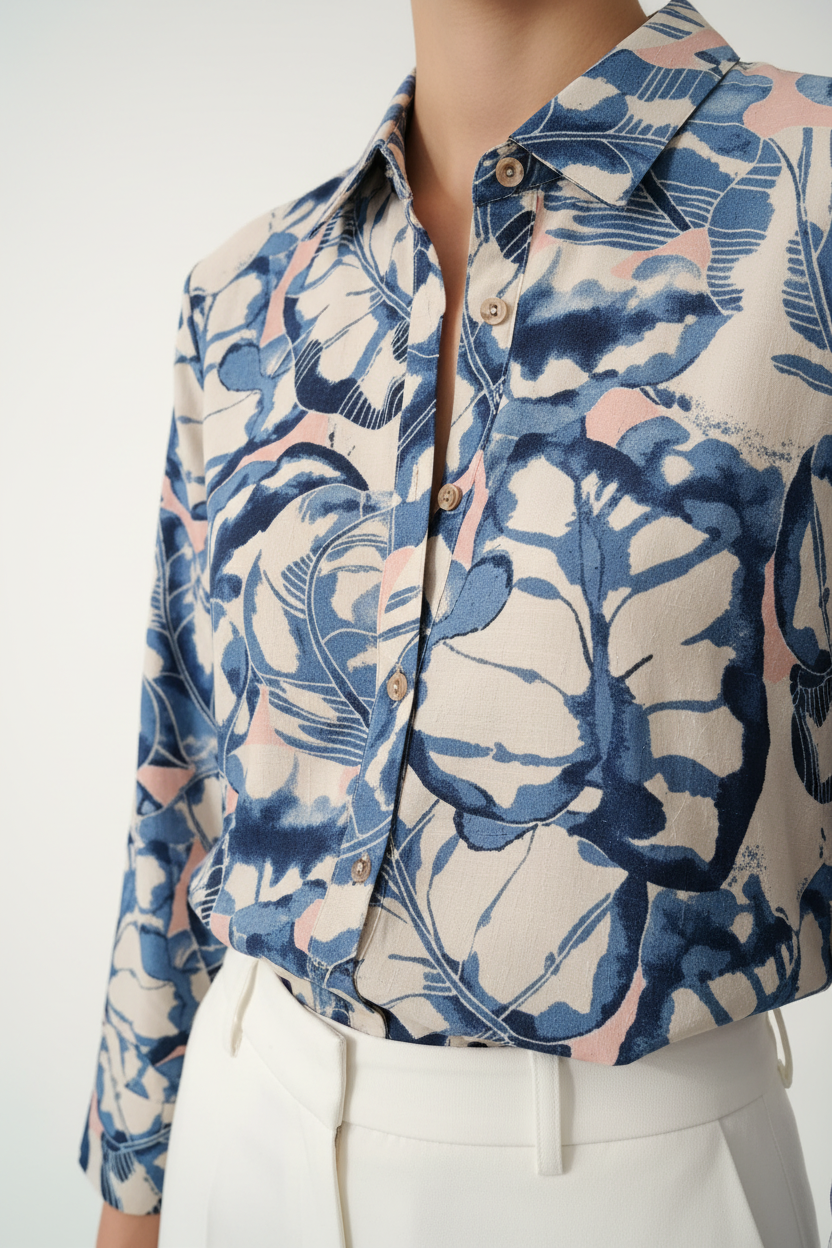 Camisa de manga larga con hojas en azul y rosa