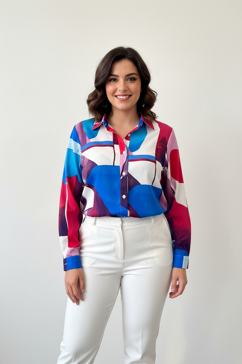 Modelo talla XL treintañera con pantalón blanco luciendo camisa satinada multicolor