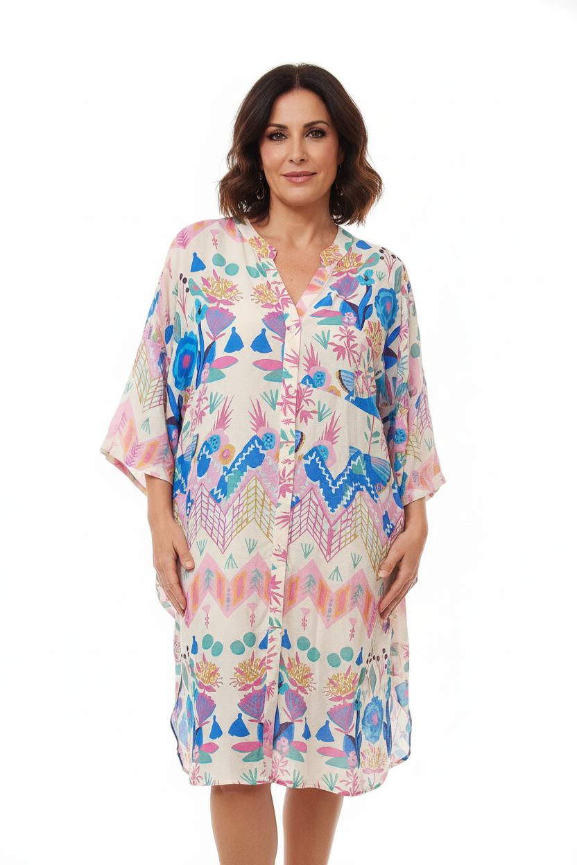 Vestido caftán estampado floral MUESTRARIOS moda mujer talla grande plus moda mujer mediana edad