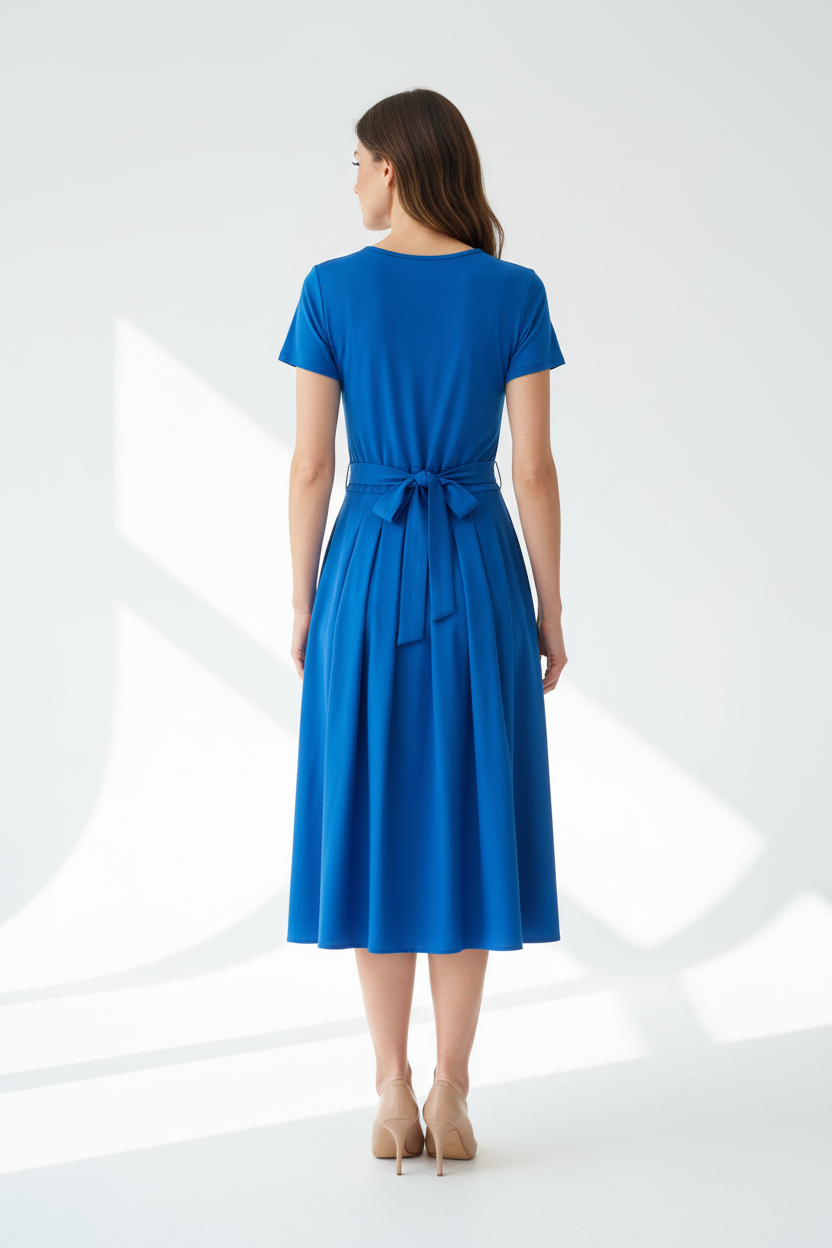 Vestido camiseta falda tafetán azul eléctrico - Vista de espalda con lazada