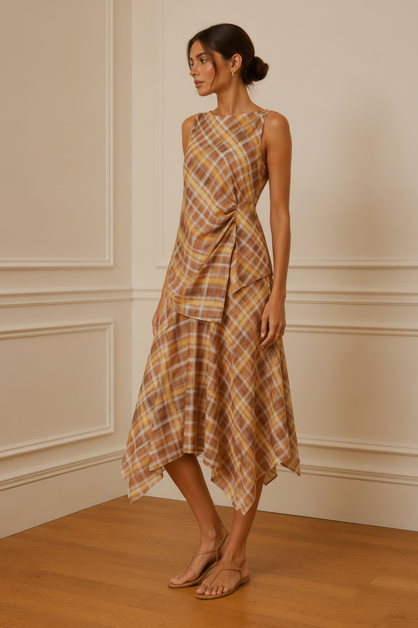 Vestido midi cuadros ocre drapeado - imagen editorial