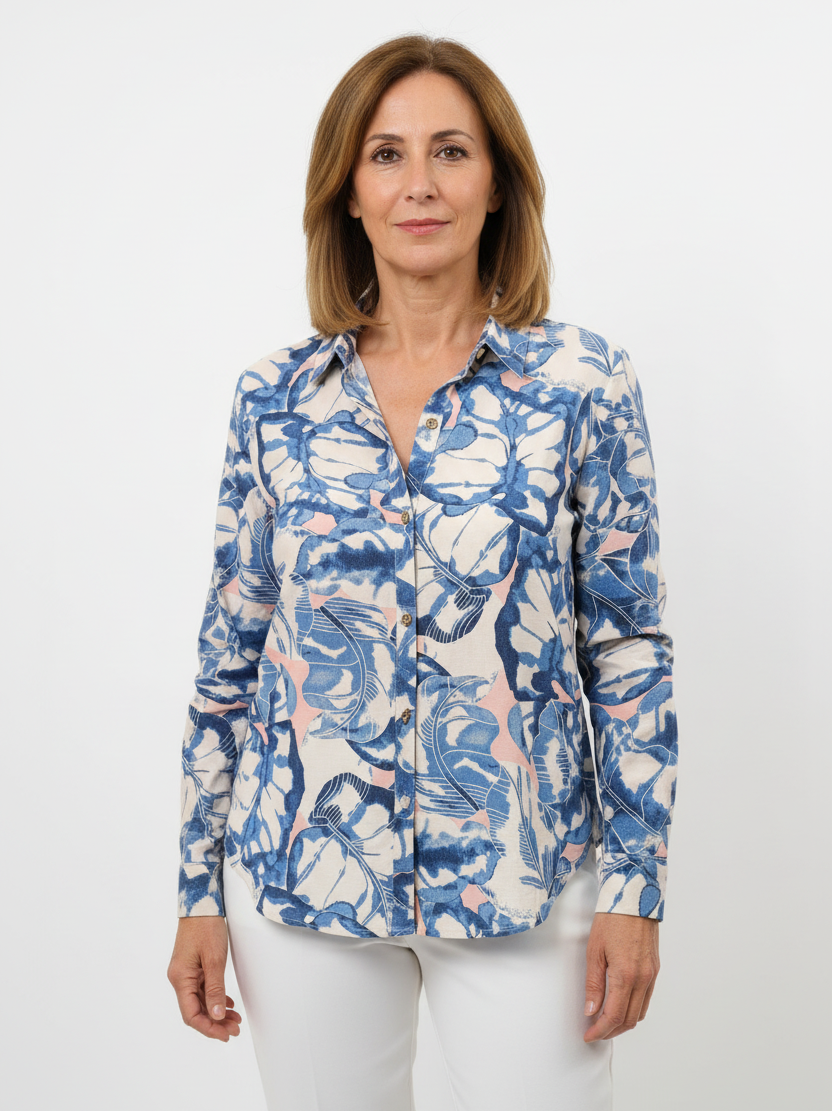 Camisa de manga larga con hojas en azul y rosa
