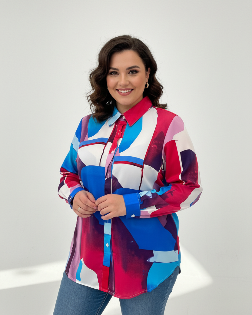 Modelo talla XL treintañera luciendo camisa satinada multicolor