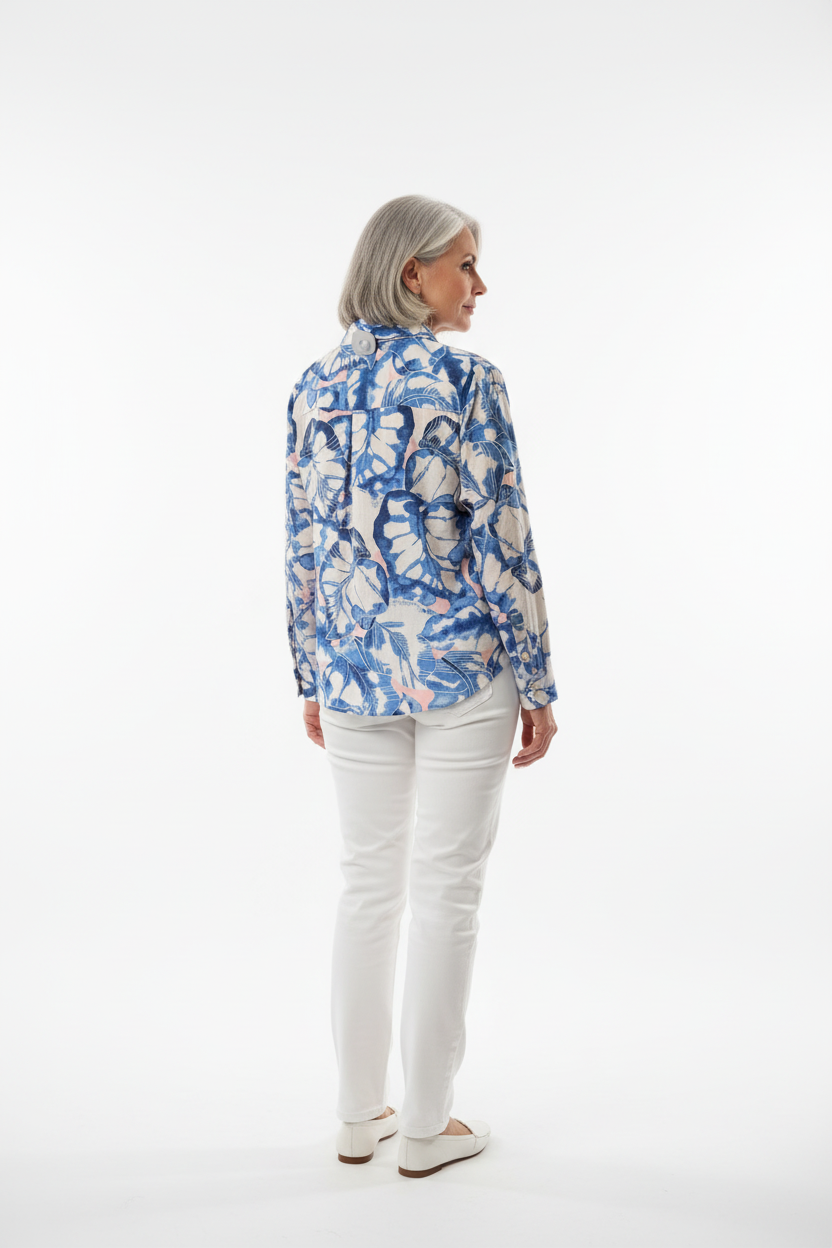 Camisa de manga larga con hojas en azul y rosa
