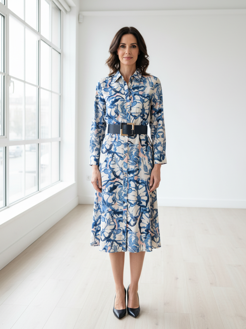 Vestido camisero manga larga estampado floral azul MUESTRARIOS