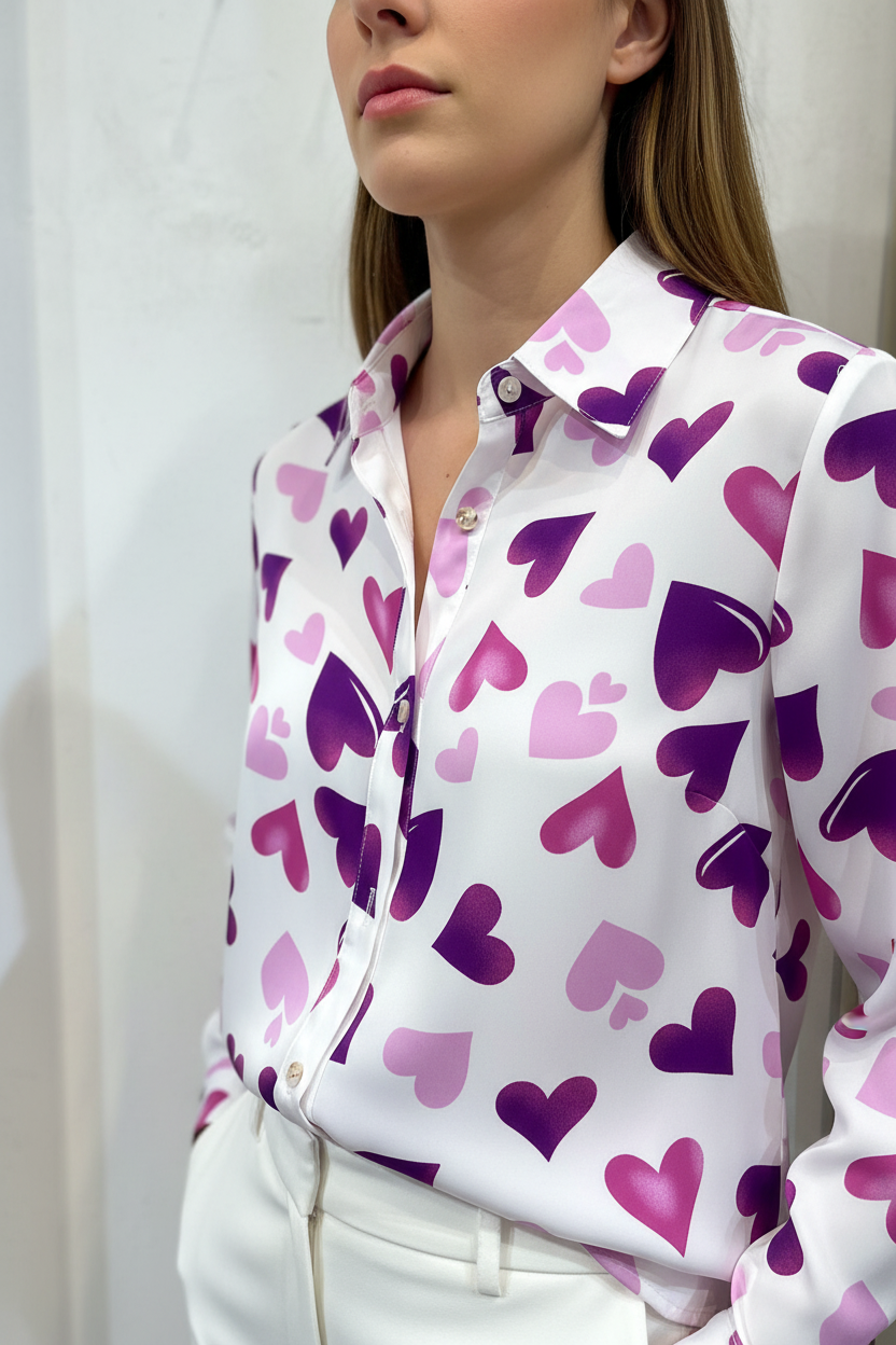 Camisa satinada estampado corazones morados tallas grandes mujer muestrarios detalle prenda puesta