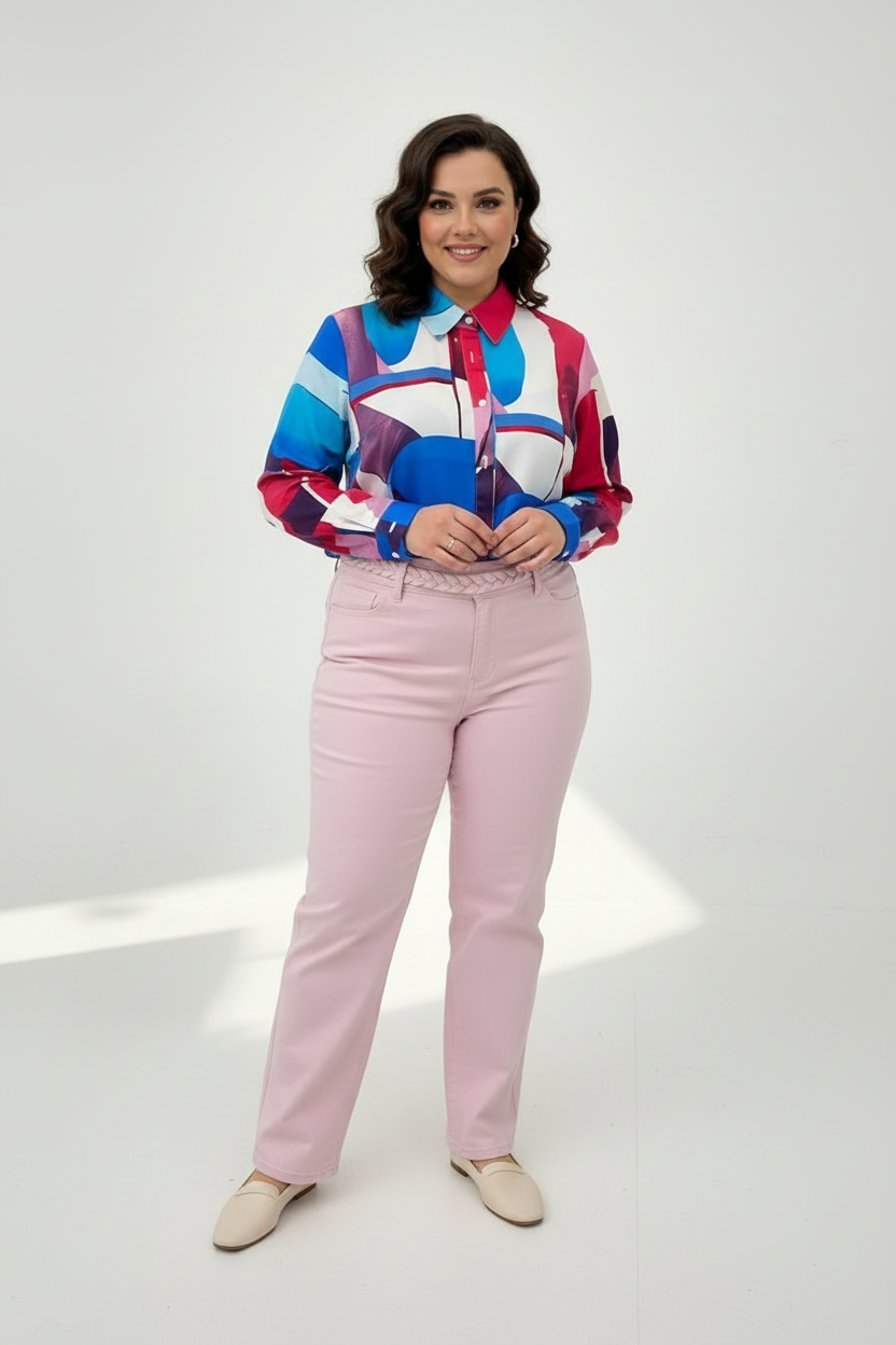 Vaquero recto rosa pastel cinturilla trenzada tallas grandes mujer muestrarios moda mediana edad elegante talla XL