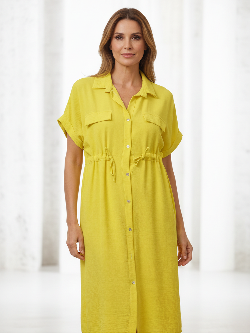 Vestido camisero amarillo limón con cinturón