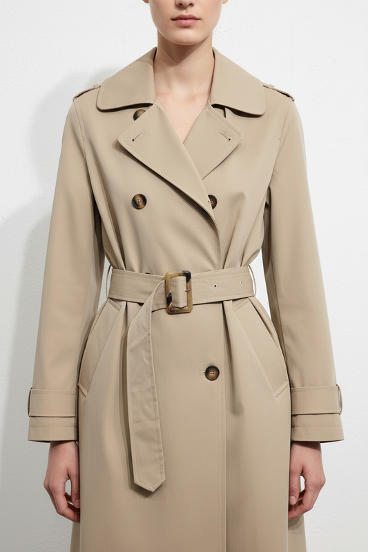 Gabardina beige - Detalle de doble botonadura y cinturón