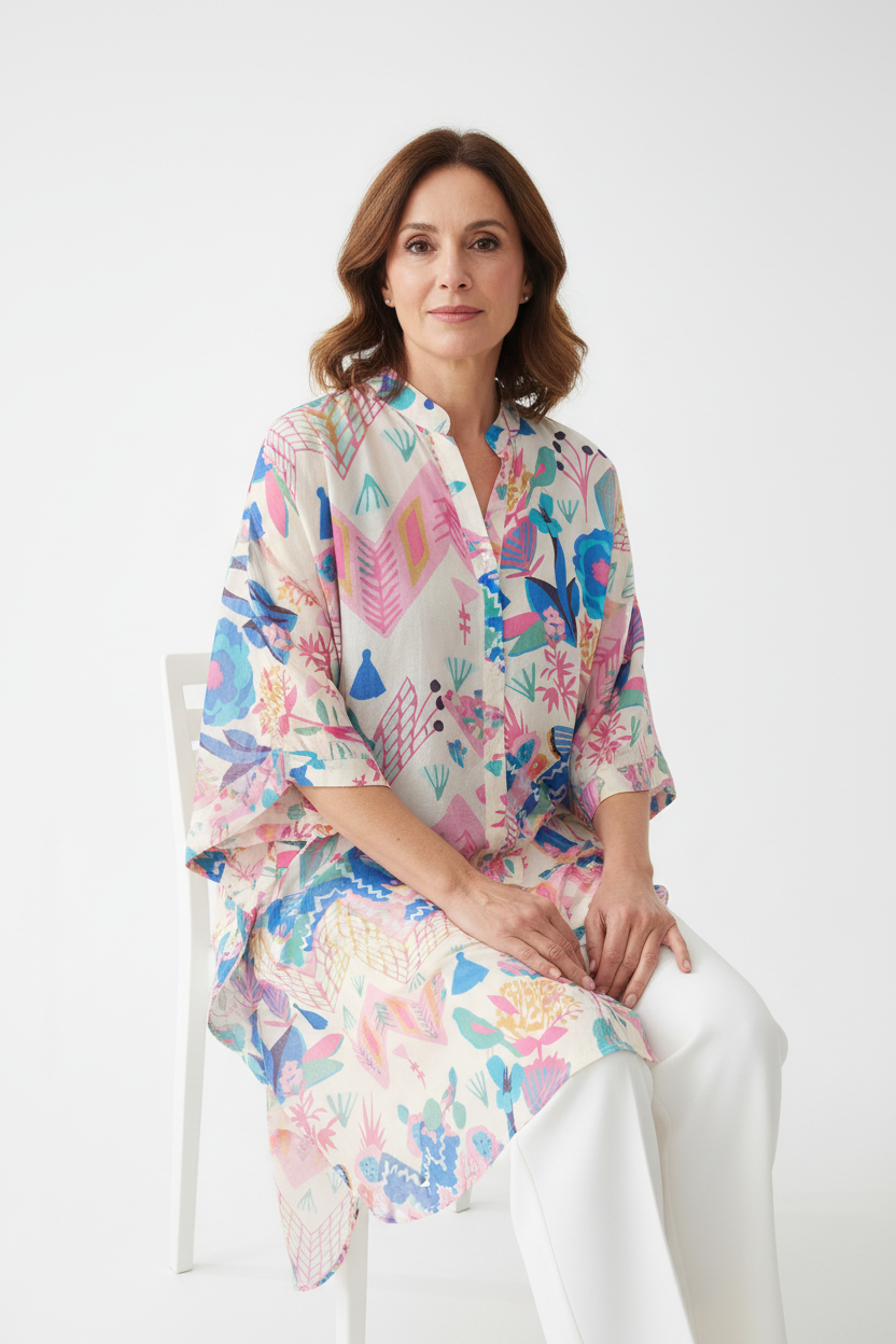 Vestido caftán estampado floral MUESTRARIOS moda mujer talla grande plus moda mujer mediana edad