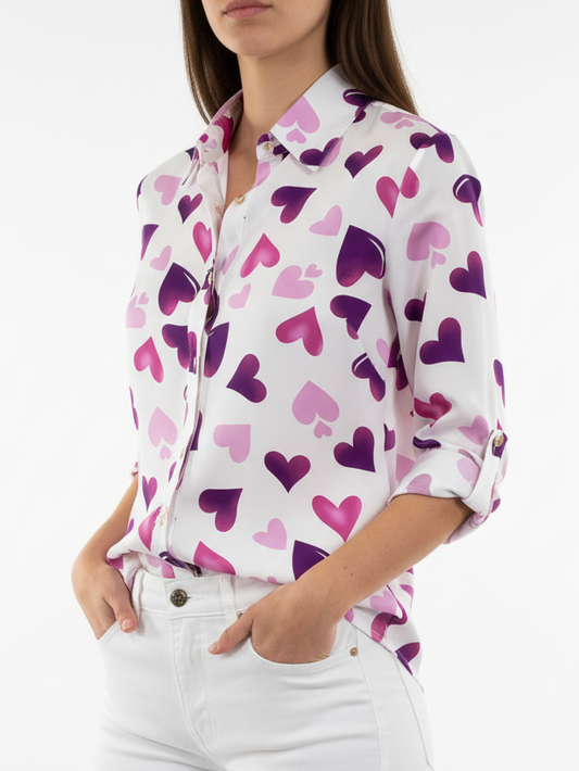 Camisa satinada estampado corazones morados tallas grandes mujer muestrarios moda mediana edad elegante