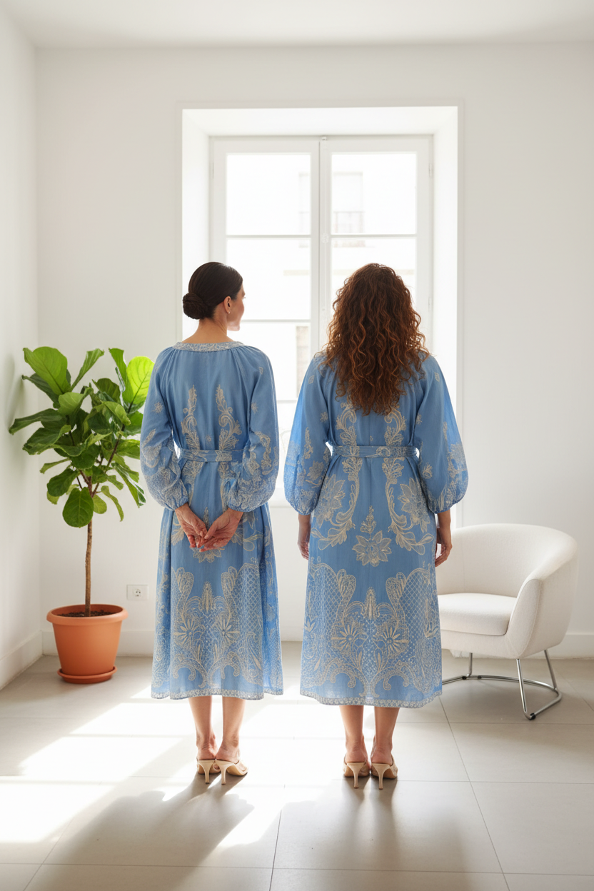 Vestido kaftán azul con estampado beige MUESTRARIOS