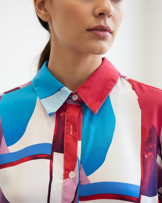 Detalle de la camisa satinada multicolor