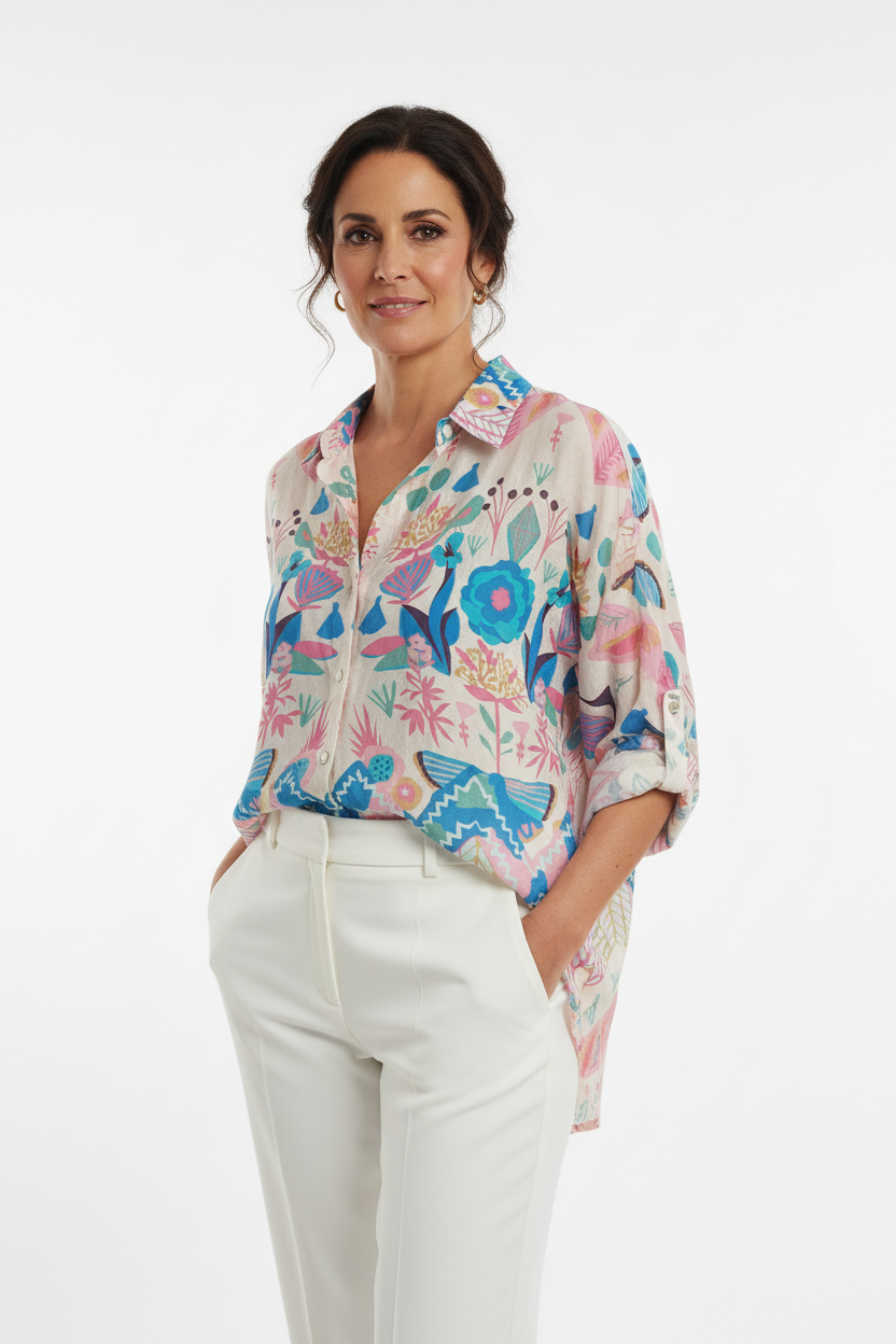 Camisa de batista estampado floral MUESTRARIOS moda mujer talla grande plus moda mujer mediana edad