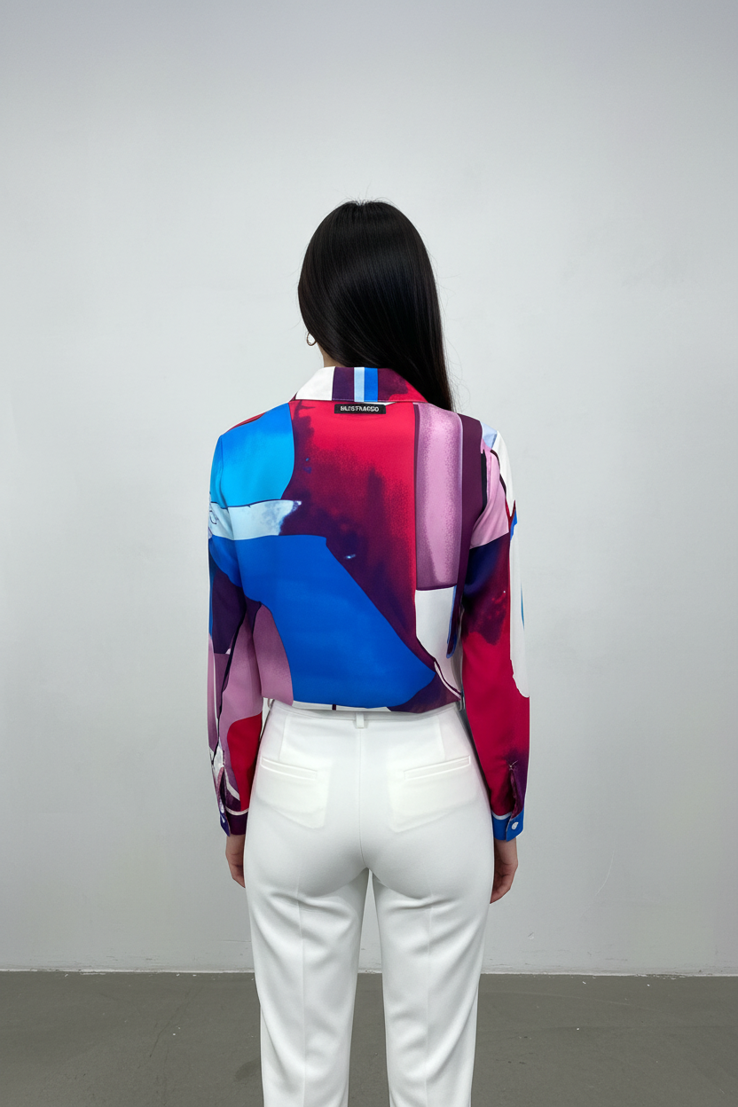 Vista de espalda de la camisa satinada multicolor con pantalón blanco