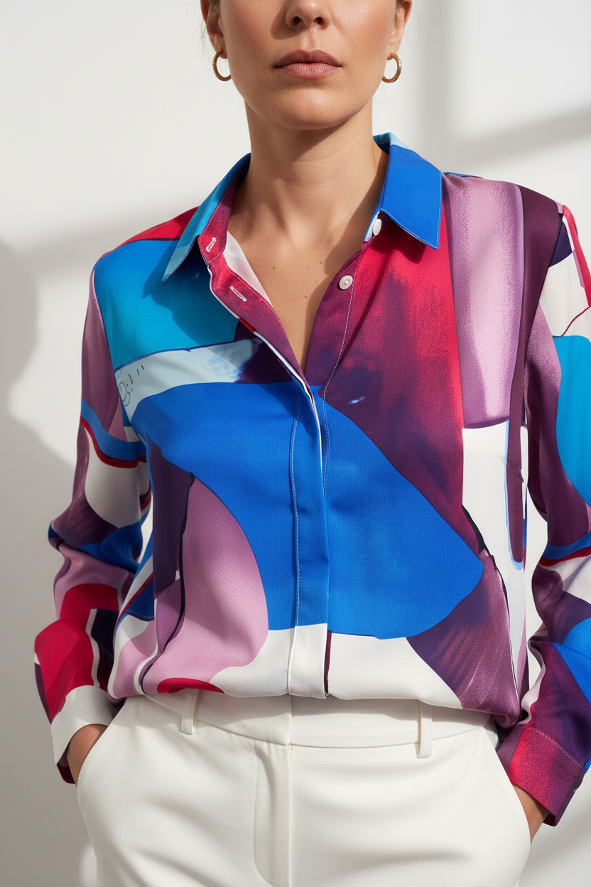 Detalle de la camisa satinada multicolor con botones cerrados