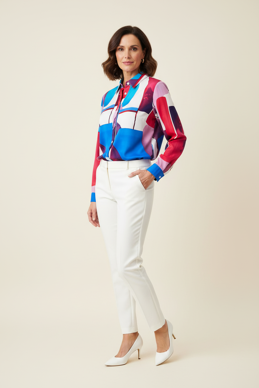 Modelo delgada de mediana edad con pantalón blanco luciendo camisa satinada multicolor
