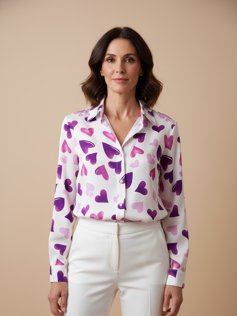Camisa satinada estampado corazones morados tallas grandes mujer muestrarios moda mediana edad elegante vista frontal