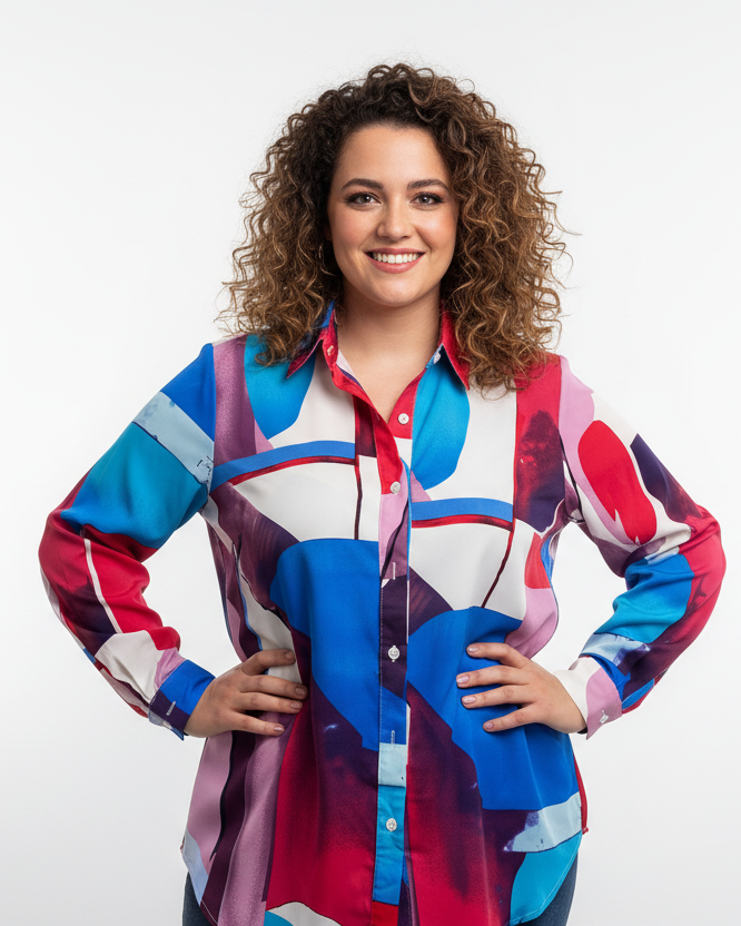 Modelo talla XL treintañera luciendo camisa satinada multicolor