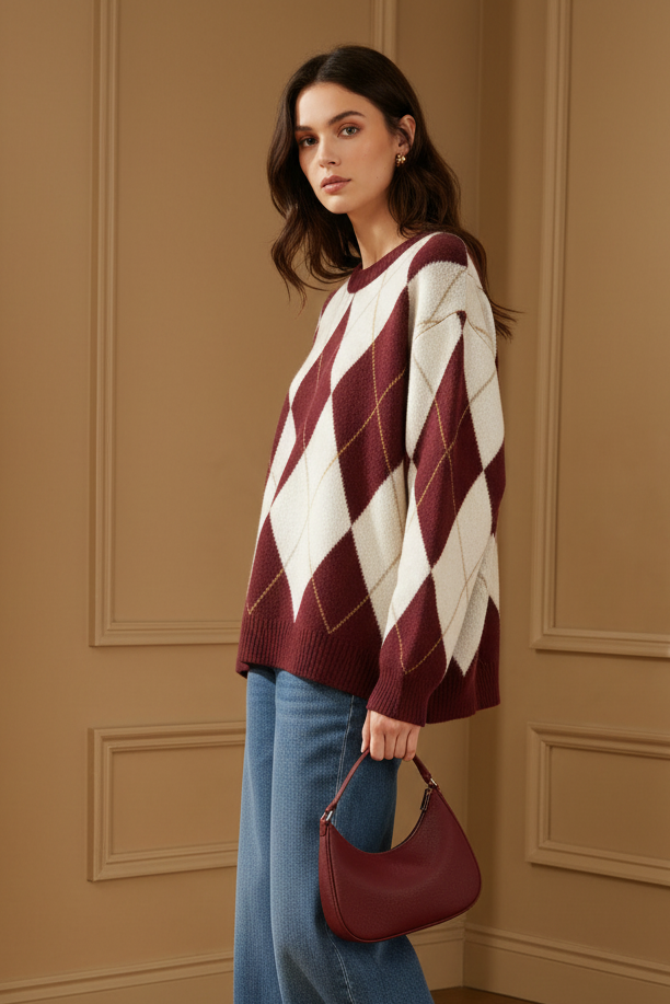 Jersey argyle granate con bolso mini - tres cuartos
