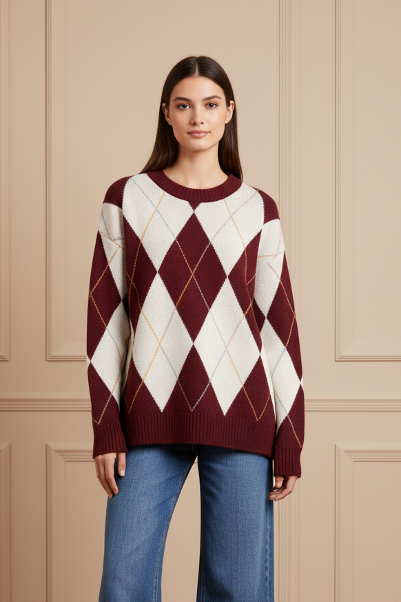Jersey oversize argyle granate y crema - frontal