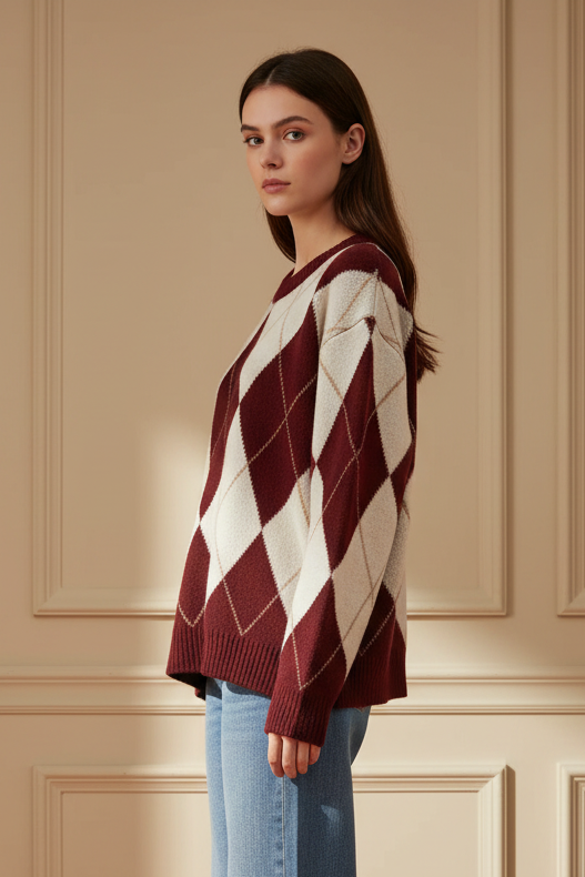 Jersey oversize argyle granate y crema - lateral