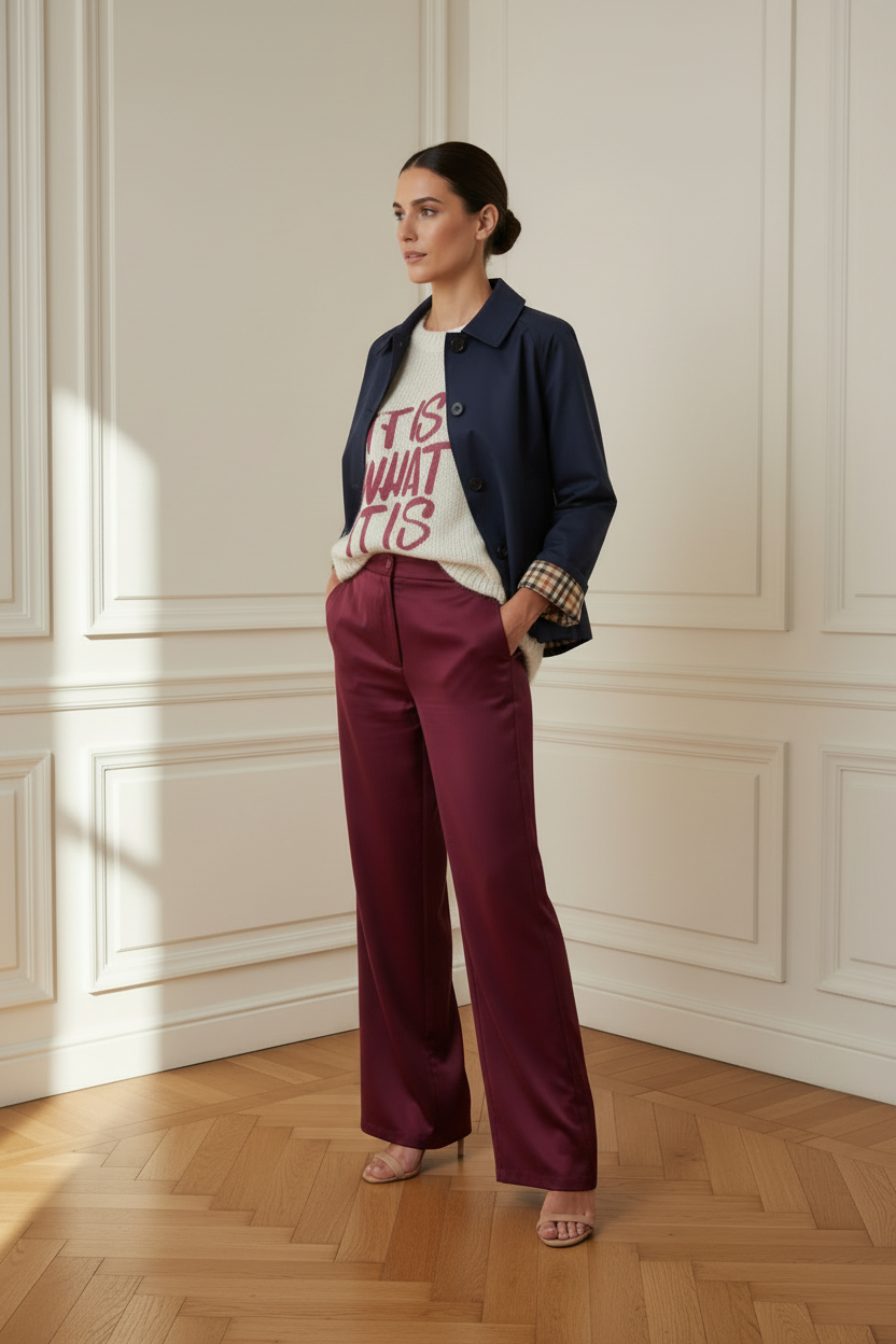 Jersey crudo + gabardina azul + pantalón granate satinado 3/4