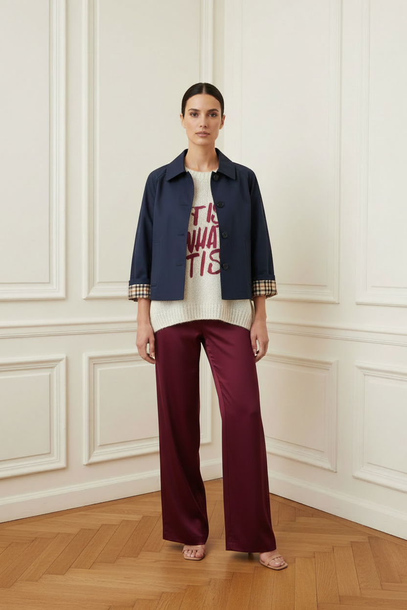 Jersey crudo + gabardina azul + pantalón granate satinado frontal