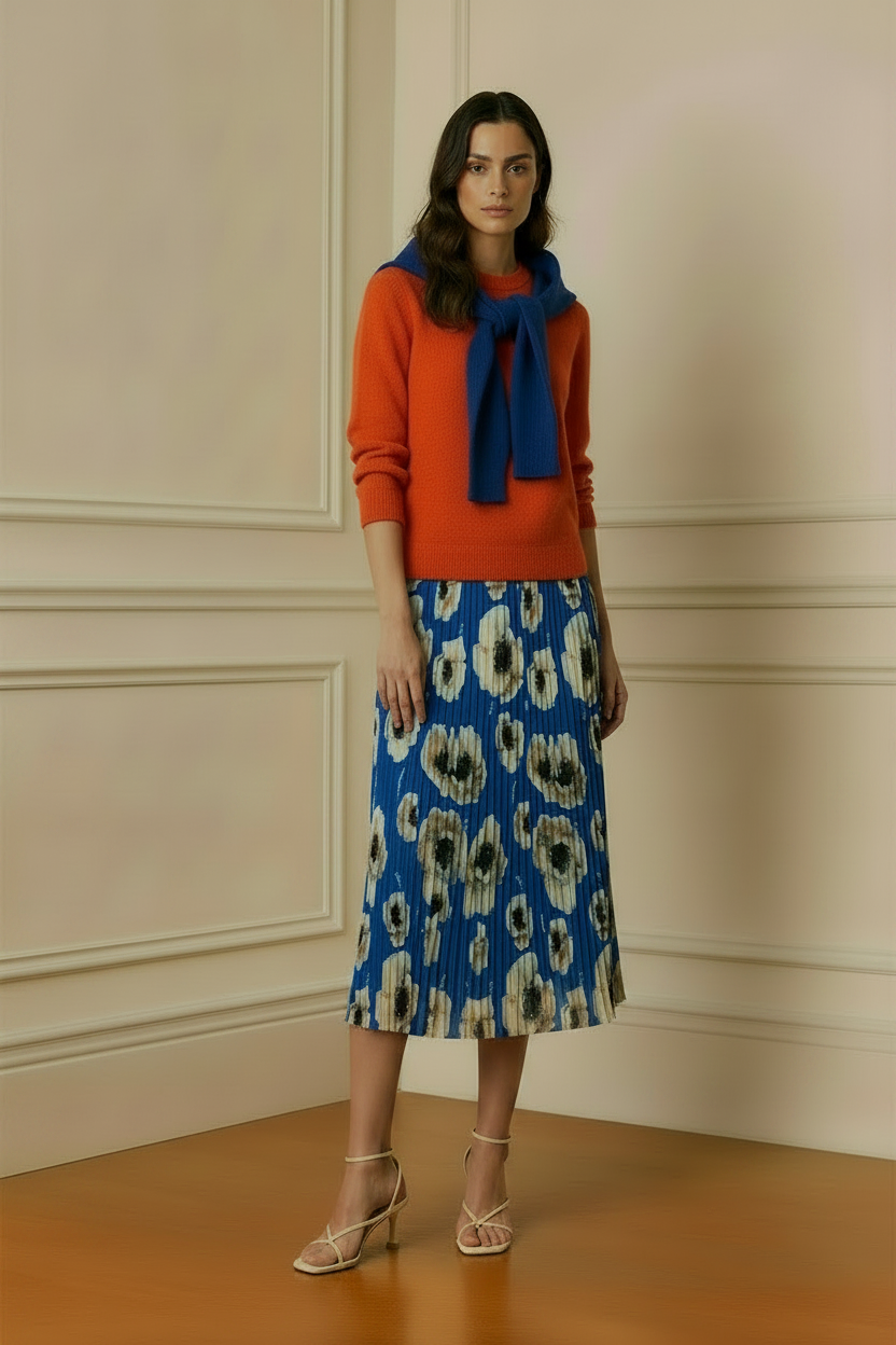 Jersey cuello pico naranja con falda azul floral