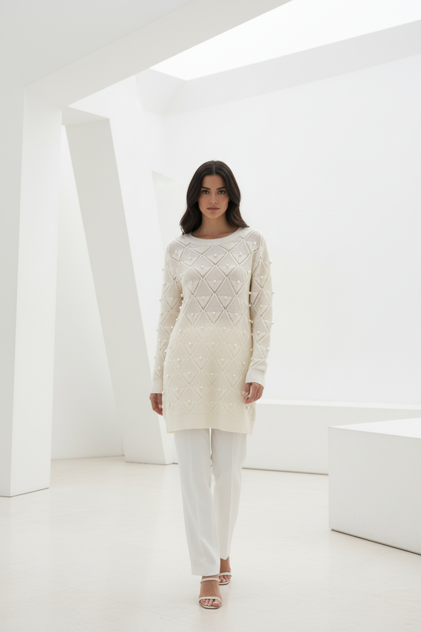 Jersey de punto beige con pantalón blanco - vista frontal