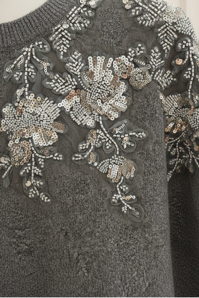 Jersey gris bordado con lentejuelas detalle bordado
